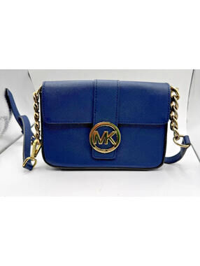 Michael Kors Navy Saffiano Leather Crossbody Bag Gold MK Logo Small Purse